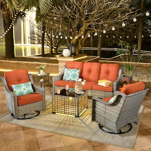 Palffy Gray 5-Piece Wicker Patio Conversation Seating Set with Bold-stripe Orange Red Cushions and Swivel Rocking Chairs