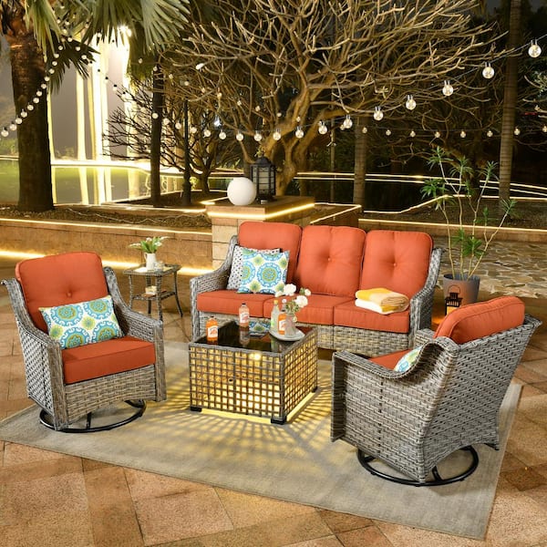 OVIOS Palffy Gray 5-Piece Wicker Patio Conversation Seating Set with Bold-stripe Orange Red Cushions and Swivel Rocking Chairs