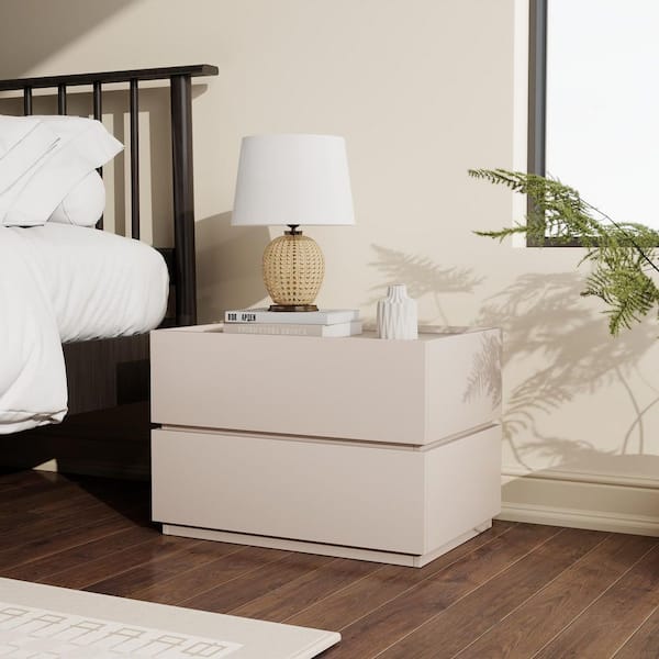 2-Drawer 23.6 in. Beige Wooden Nightstands Modular Stackable Bedside Table for Bedroom