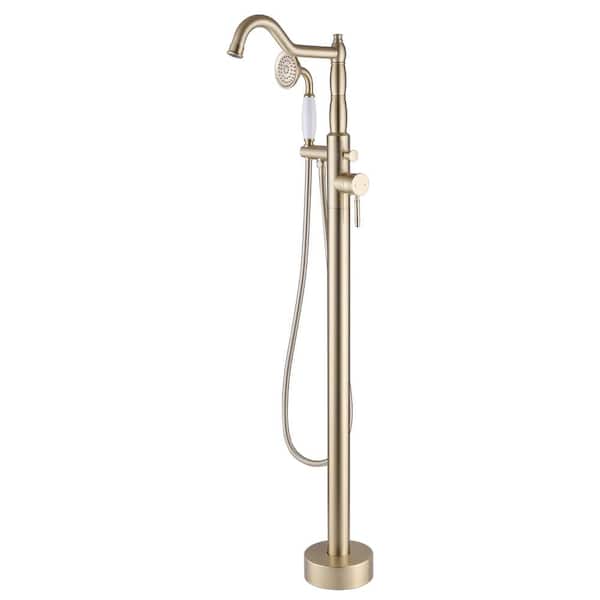Tomfaucet Single Handle Floor Mount Freestanding Tub Faucet with Hand Shower in Brushed Gold
