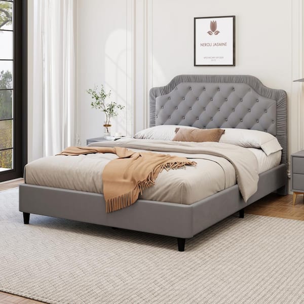 Noble House Willow Gray Wood Frame King Size Modern Velvet Platform Bed with Ruched and Tufted Headboard