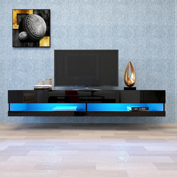 Utopia 4niture Ferlinflih Black 78 in. Floating TV Stand with LED Lights for TVs Up to 80 in., Glossy