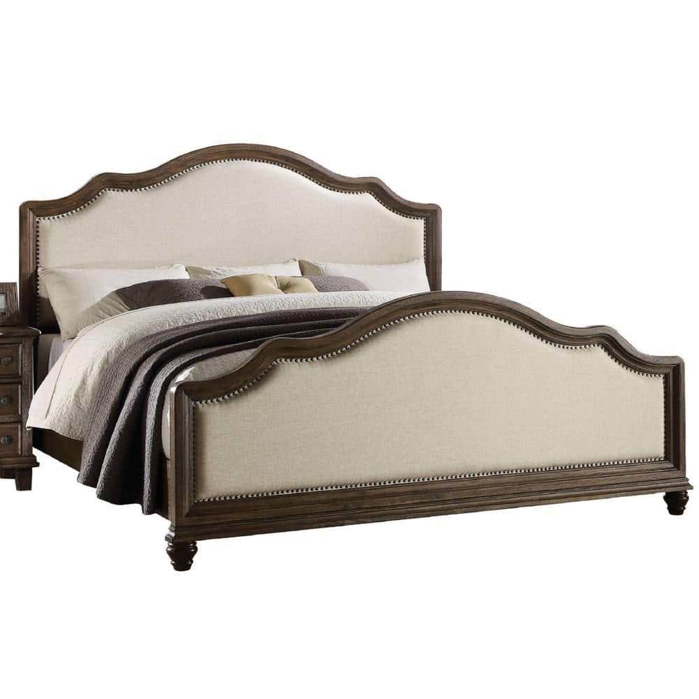 Elegant Queen Bed with Nailhead Trim in Beige Linen & Weathered Oak