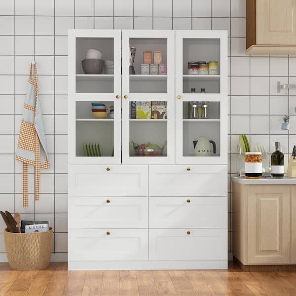 FUFU&GAGA White Wood Kitchen Food Pantry 3-Door Cabine with 6 Drawers (47.2 in. W x 15.7 in. D x 70.9 in. H )