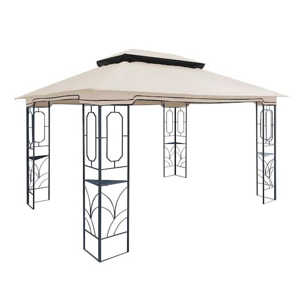 Unbranded Beige 13 ft. x 10 ft. Patio Soft Double Roof Gazebo Replacement Waterproof Canopy Top Fabric