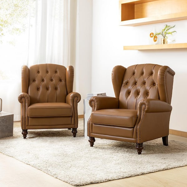 JAYDEN CREATION Pablo Camel 33 in. Camel Genuine Leather Arm Chair with Solid Tapered Wood Legs (Set of 2)