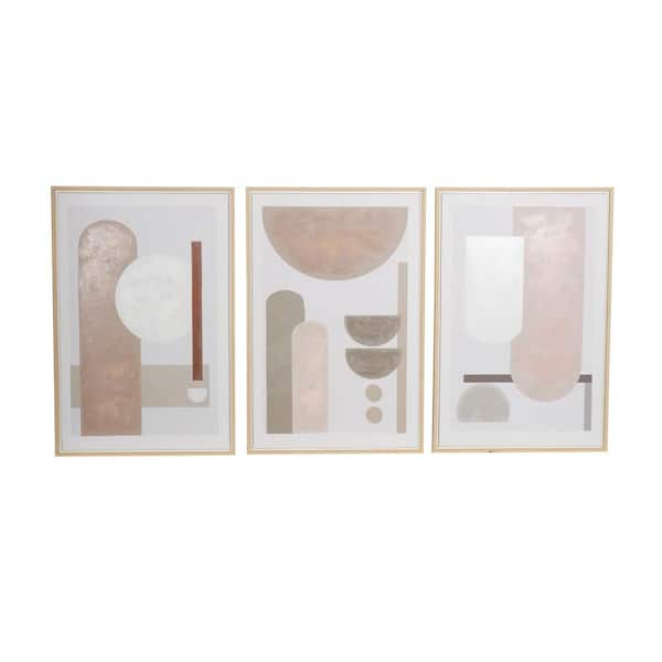 Litton Lane 3- Panel Abstract Mid Century Modern Geometric Framed Wall Art with Brown Accents 36 in. x 24 in.