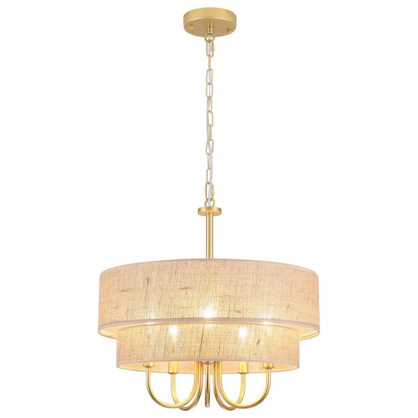 LWYTJO 5-Light Gold 2-Tier Candle Chandelier with Coarse Hemp Rope Fabric Shade