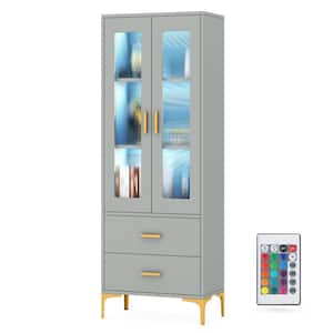 Eulas 64.96 in. Tall Gray Particle Board 3-Shelf Bookcase with LED Light, Doors and Drawers