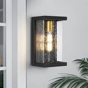 11.25 in. Black Outdoor Hardwired Wall Lantern Scone with Seeded Glass
