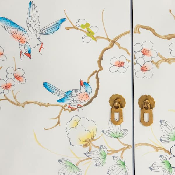 Oriental Furniture White Lacquer Birds and Flowers Accent Oriental Furniture White Lacquer Birds and Flowers Accent