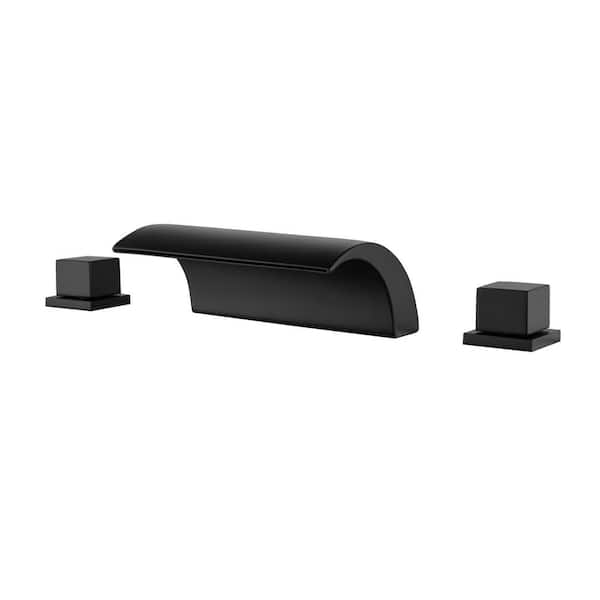 FORCLOVER 2-Handle 3-Holes Deck-Mount Roman Tub Faucet with 7.09 in. Waterfall Spout in Matte Black