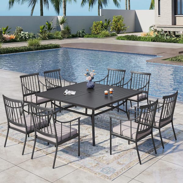 PHI VILLA 9-Piece Metal Outdoor Dining Set with Beige Cushions