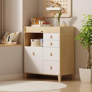 Burly Wood Grain and White 5-Drawer 33.5 in. W Large Wooden Nightstand with Top Storage Surface and Open Shelf