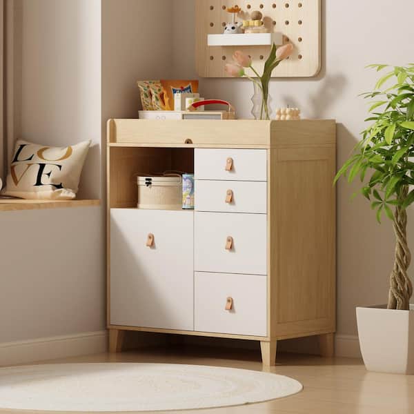 FUFU&GAGA Burly Wood Grain and White 5-Drawer 33.5 in. W Large Wooden Nightstand with Top Storage Surface and Open Shelf