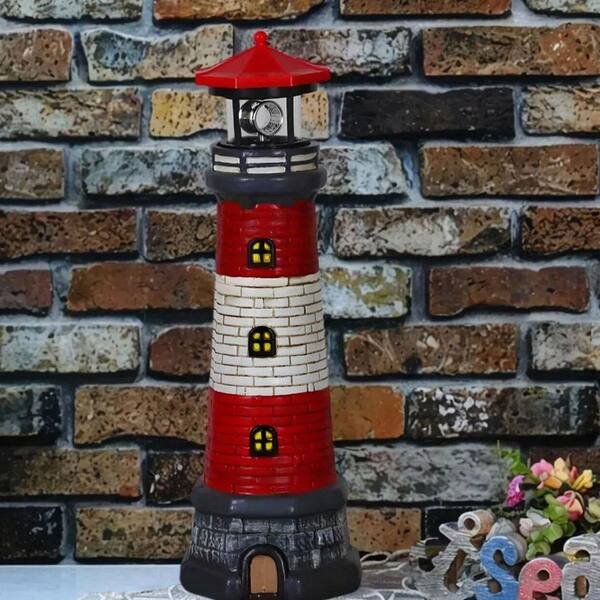 15 in. Red Plastic Garden Outdoor Statues, Waterproof Lighthouse
