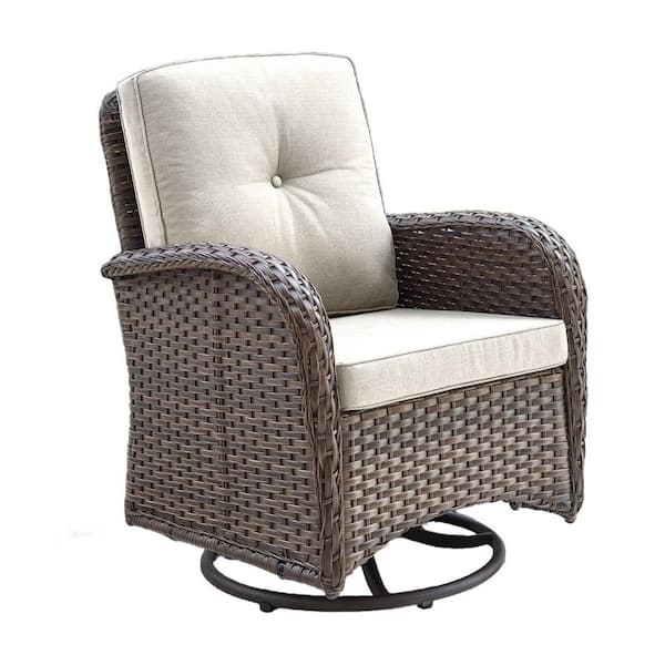 Carlos 1-Person High Back Brown Wicker Outdoor Swivel Rocking Chair Patio Swivel Glider with Beige Cushions