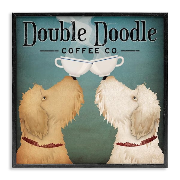 Doodle Dog Vintage Coffee Sign by Ryan Fowler Black Framed Giclee Art Print Typography 24 in. x 24 in.