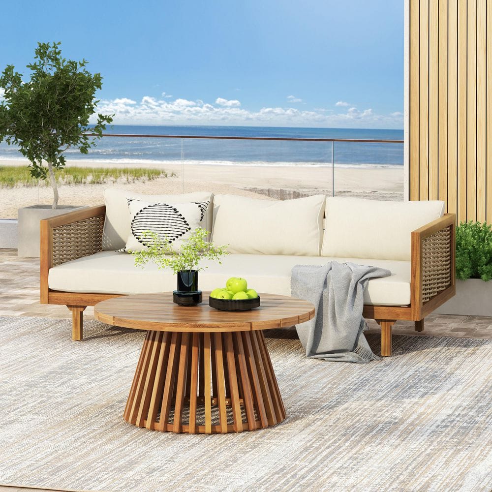Riley Teak Finish 2-Piece Wood and Wicker Outdoor Patio Conversation Set with Beige Cushions, Rattan Armrests
