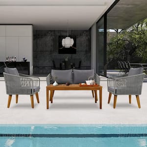 Gray 4-Piece Wood Patio Conversation Set with Rectangle Coffee Table and Dark Gray Cushions