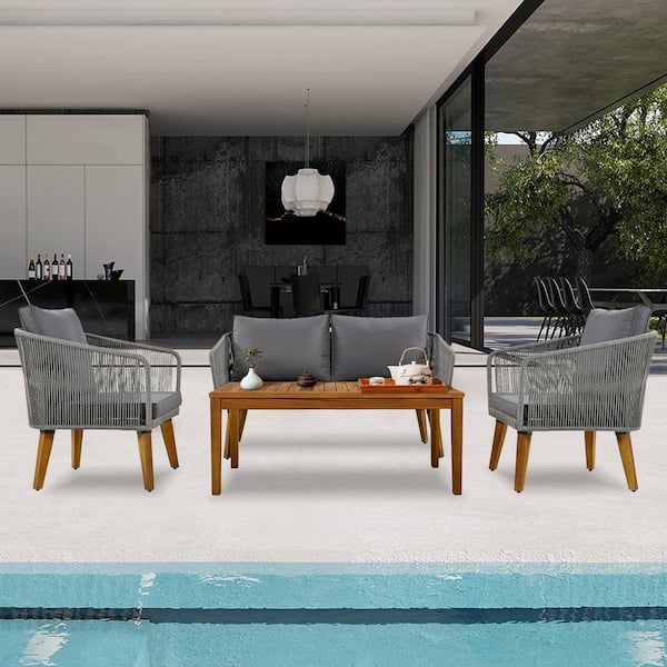 Zeus & Ruta Gray 4-Piece Wood Patio Conversation Set with Rectangle Coffee Table and Dark Gray Cushions