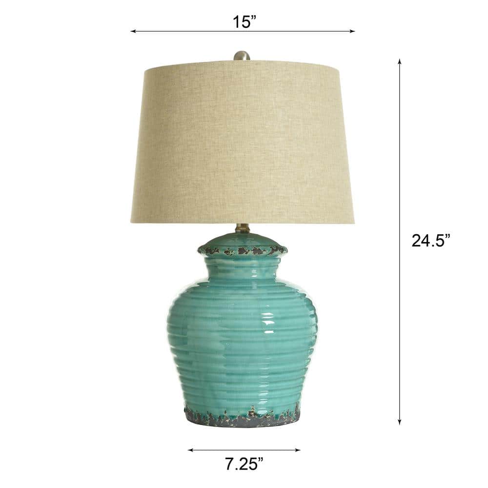 Turquoise Ceramic Table Lamp with Beige Linen Shade