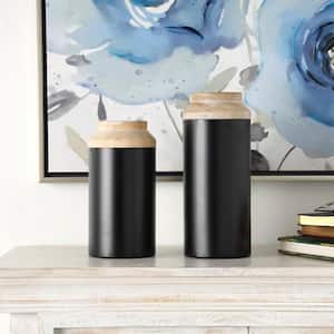 Black Colorblock Wood Decorative Vase with Light Brown Wood Tops (Set of 2)