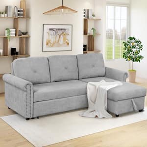 83 in. Gray Linen Upholstered Twin Size Sofa Bed with Storage