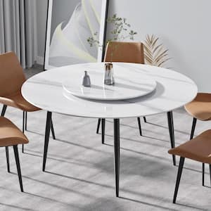 53.15 in. Circular Sintered Stone Tabletop Kitchen Dining Table with Lazy Susan with 4 Black Metal Legs (6 Seats)