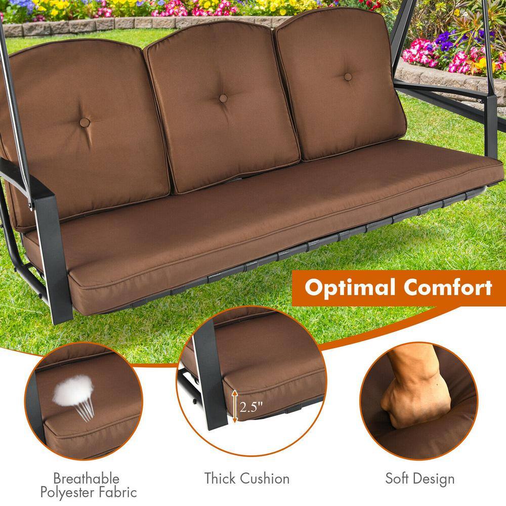 Brown Steel 3-Person Outdoor Swing with Adjustable Canopy