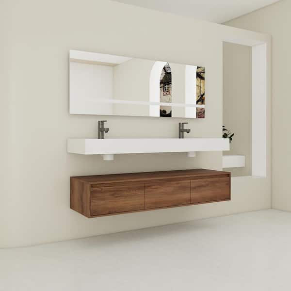 Jacques 59.1 in. W x 18.1 in. D x 15.8 in. H Double Sink Floating Bath Vanity in Brown Ebony with White Resin Vanity Top