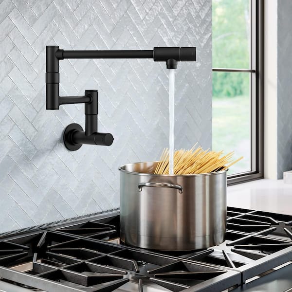 Bolden 2 Handle Wall Mount Pot Filler Faucet with Retractable Arm in Matte Black