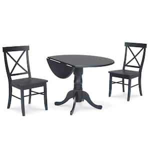 Brynwood 3-Piece 42 in. Black Round Drop-Leaf Wood Dining Set with X-Back Chairs