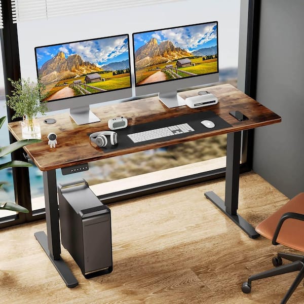 Homy Casa DENI 63 in. W Walnut Electric Adjustable Height Standing Desk, Modern Wood and Metal Frame Stand-Up Desk