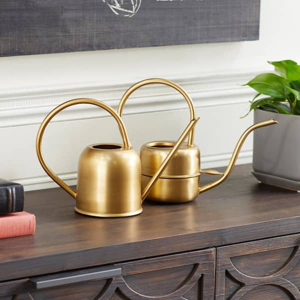 Litton Lane 7 in. and 8 in. Small Gold Metal Watering Can Planter (2-Pack)