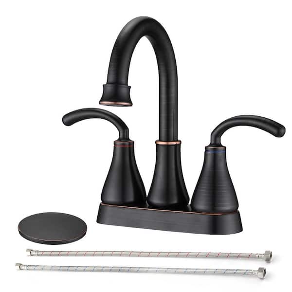 Lukvuzo 4 in. Centerset Double Handle High Arc Bathroom Faucet with Drain Kit Included in Oil Rubbed Bronze