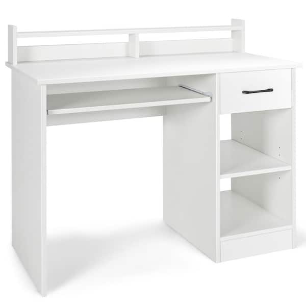 Costway 41.5 in. Rectangular White Wood Wide Computer Desk Writing Study Laptop Table with Drawer and Keyboard Tray