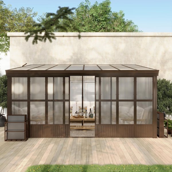 12 ft. x 16 ft. Lean-To Aluminum Gazebo Sunroom with Sloping Roof, Detachable Screens and 2-Lockable Sliding Door