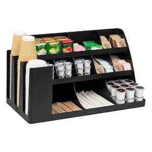 Cup and Condiment Station, Countertop Organizer, Coffee Bar, Stirrers, 17.88 in. L x 9.5 in. W x 6.63 in. H, Black