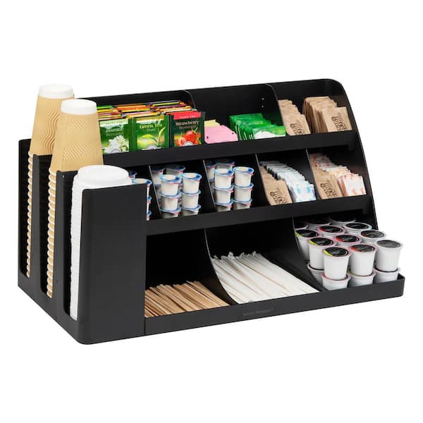 Mind Reader Cup and Condiment Station, Countertop Organizer, Coffee Bar, Stirrers, 17.88 in. L x 9.5 in. W x 6.63 in. H, Black