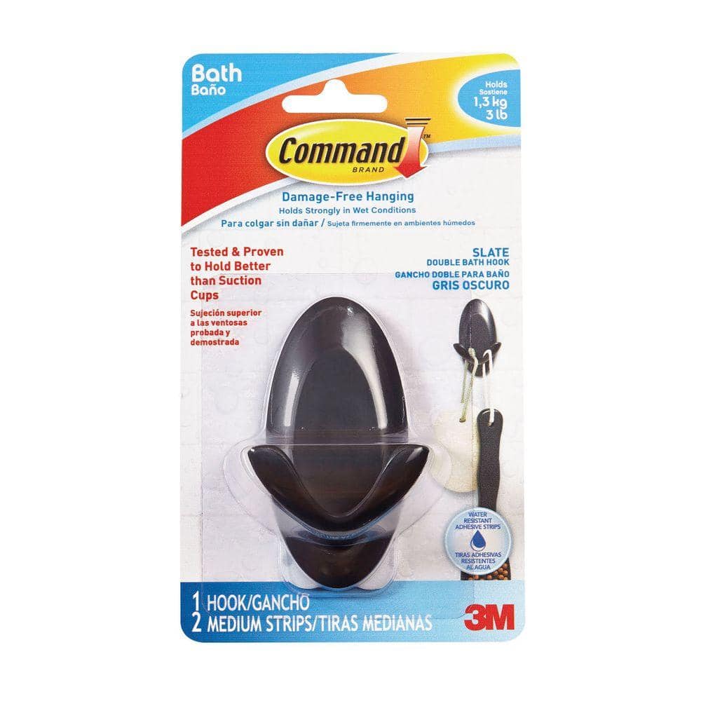 Command 3 lbs. Medium Slate Double Hook with Water-Resistant Strips  (3-Pack) 17087S-BES - The Home Depot
