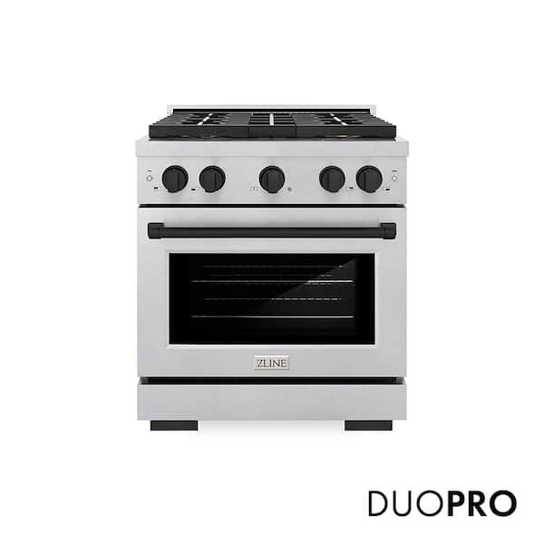 Autograph 30 in. 4.2 cu. ft. Paramount Gas Range with 4-Burner Cooktop and Gas Oven in Satin Stainless and Matte Black