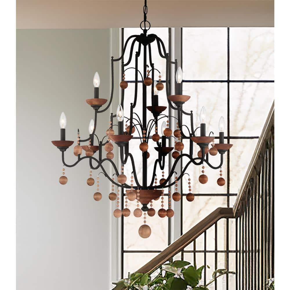 Old World Bronze and Walnut 9-Light Candle Chandelier