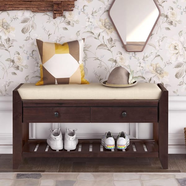 Espresso Entryway Wood Storage Bench Shoe Rack 39"L x 14"W x 19.8"H with Cushioned Seat, 2 Drawers and Bottom Shelf