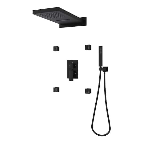 4-Jet Rectangular Wall Mount Shower System with With Handheld and Body Spray Thermostatic Massage Jets in Matte Black