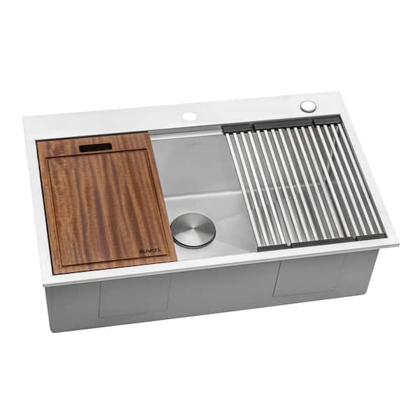 Siena 33 in. Drop-in Single Bowl 16 Gauge Stainless Steel Workstation Kitchen Sink with Rounded Corners and Accessories