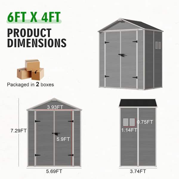 6 ft.x 4 ft. Resin Outdoor Storage Shed with Lockable Double Doors, Windows and Weather-Resistant Roof, Gray(24 Sq.ft.)