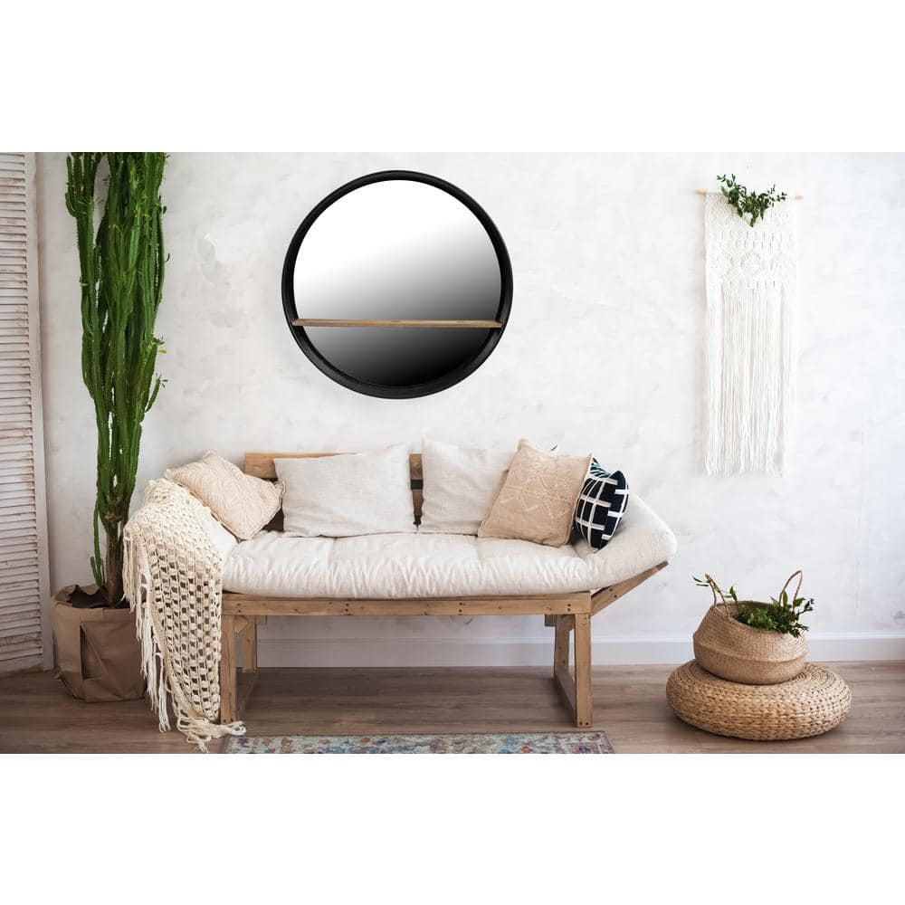 Contemporary Black Metal & Wood Round Wall Mirror with Shelf