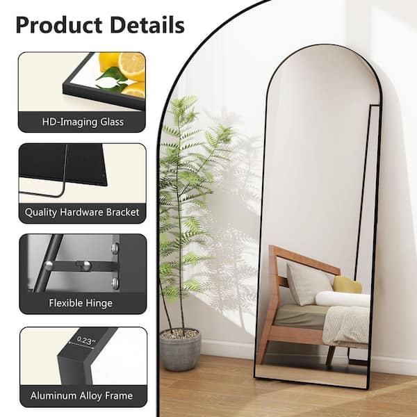 64 in. x 21 in. Full Length Arched Top Frame Bathroom Vanity Mirror with Floor Standing, Hanging or Leaning in Black