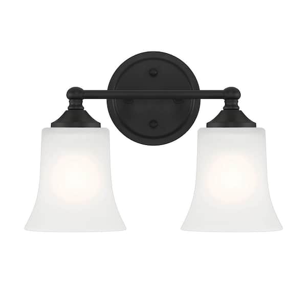 Bronson 13.25 in. 2-Light Matte Black Transitional Vanity Light with Etched Glass Shades